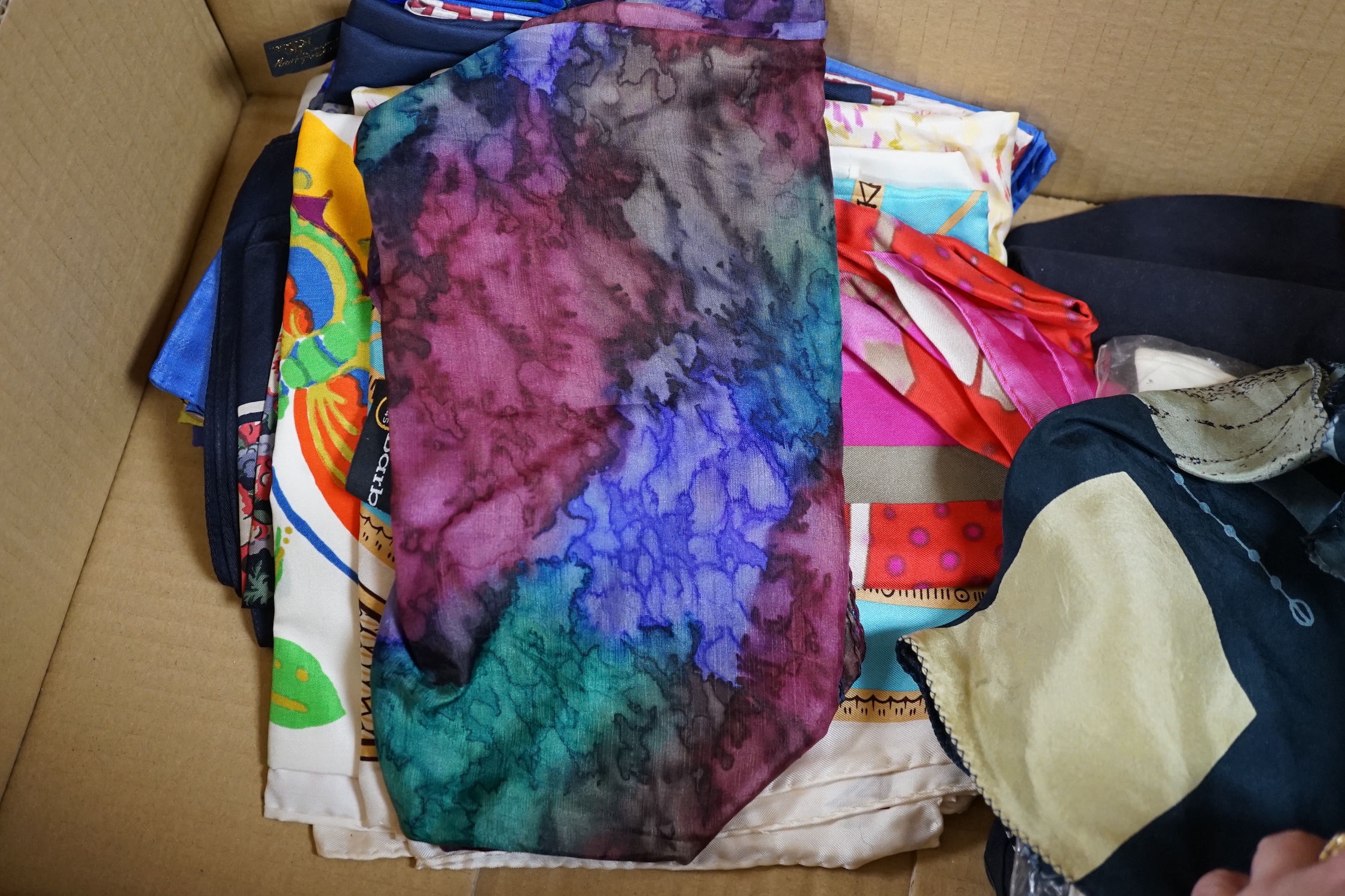 A group of silk and other scarves, kid gloves and three velvet ladies hats